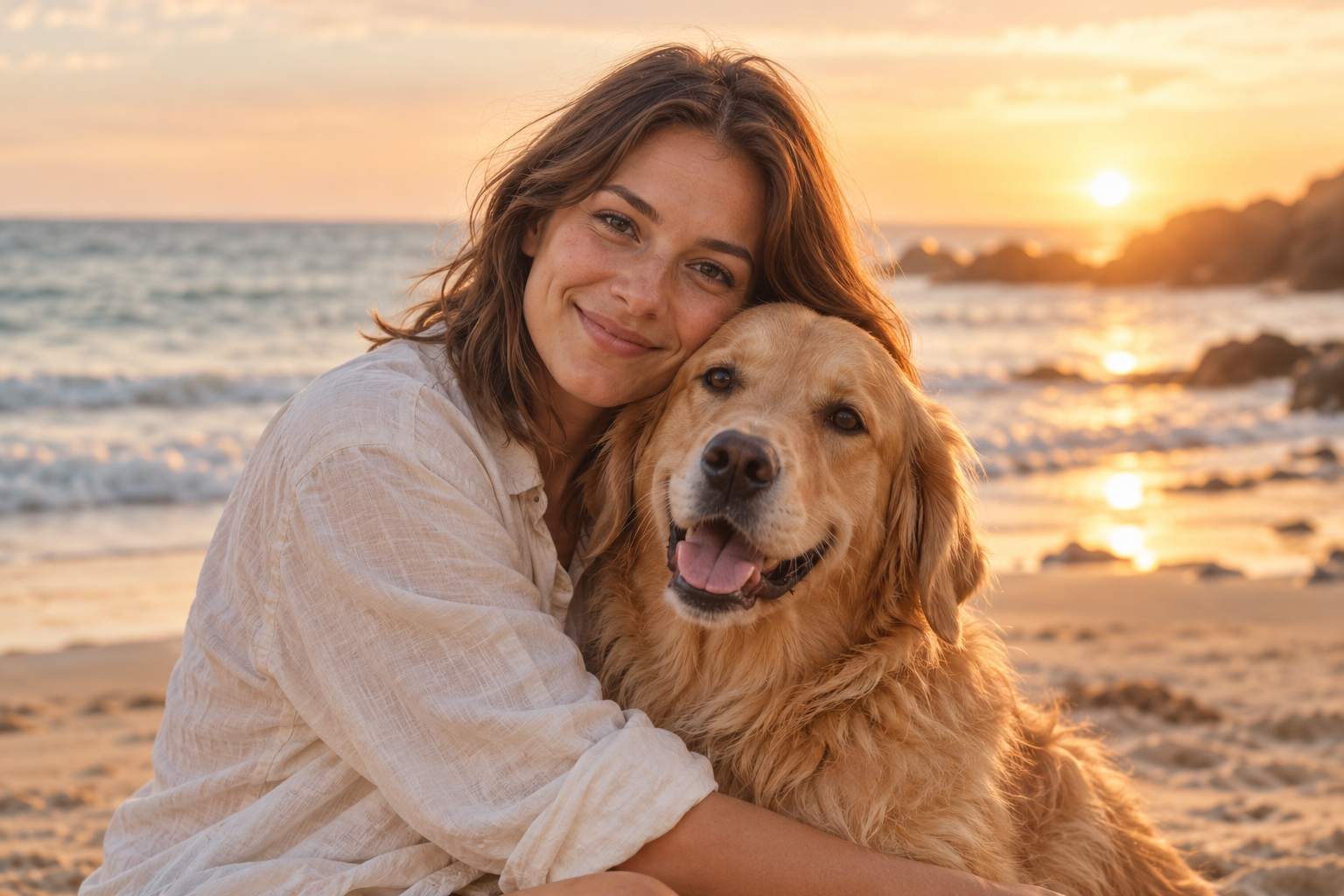 Woman and her golden retriever together