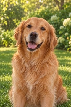 The same golden retriever in a garden