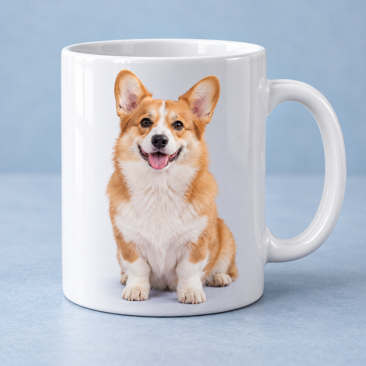 Glossy ceramic mug printed with a corgi portrait